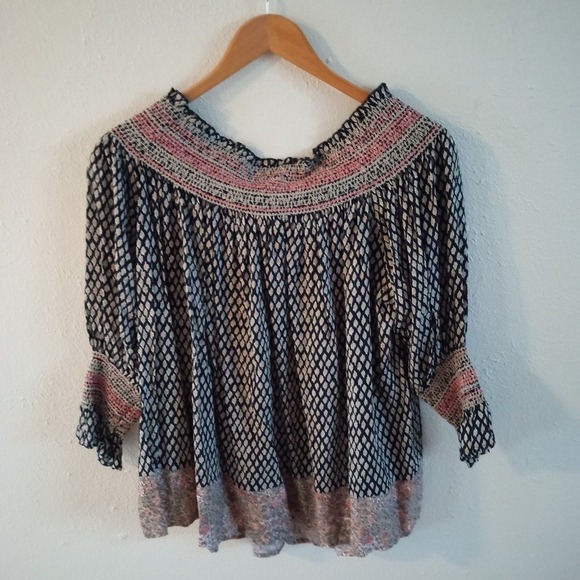 🆕 Vanessa Virginia Anthropologie Savanne Smocked Off ShoulderTop Black | L NWT - Picture 6 of 7